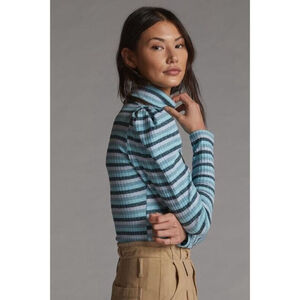 Women's Retro Maeve by Anthropologie Ribbed Long Sleeve Blue Striped Shirt L